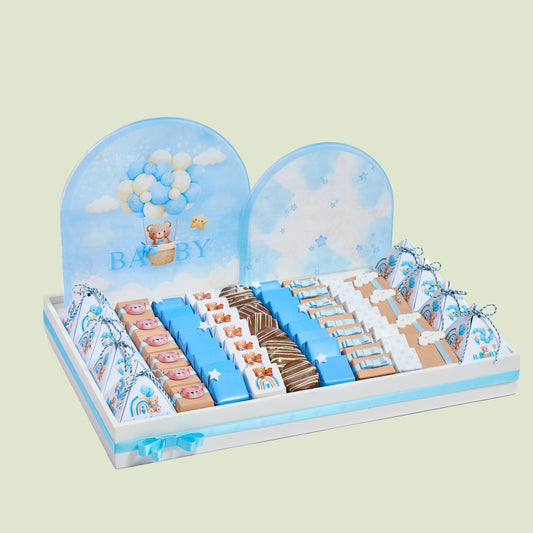 Baby Boy Teddy Wooden Tray Chocolate Gift | Luxury Gift Arrangement by Panache