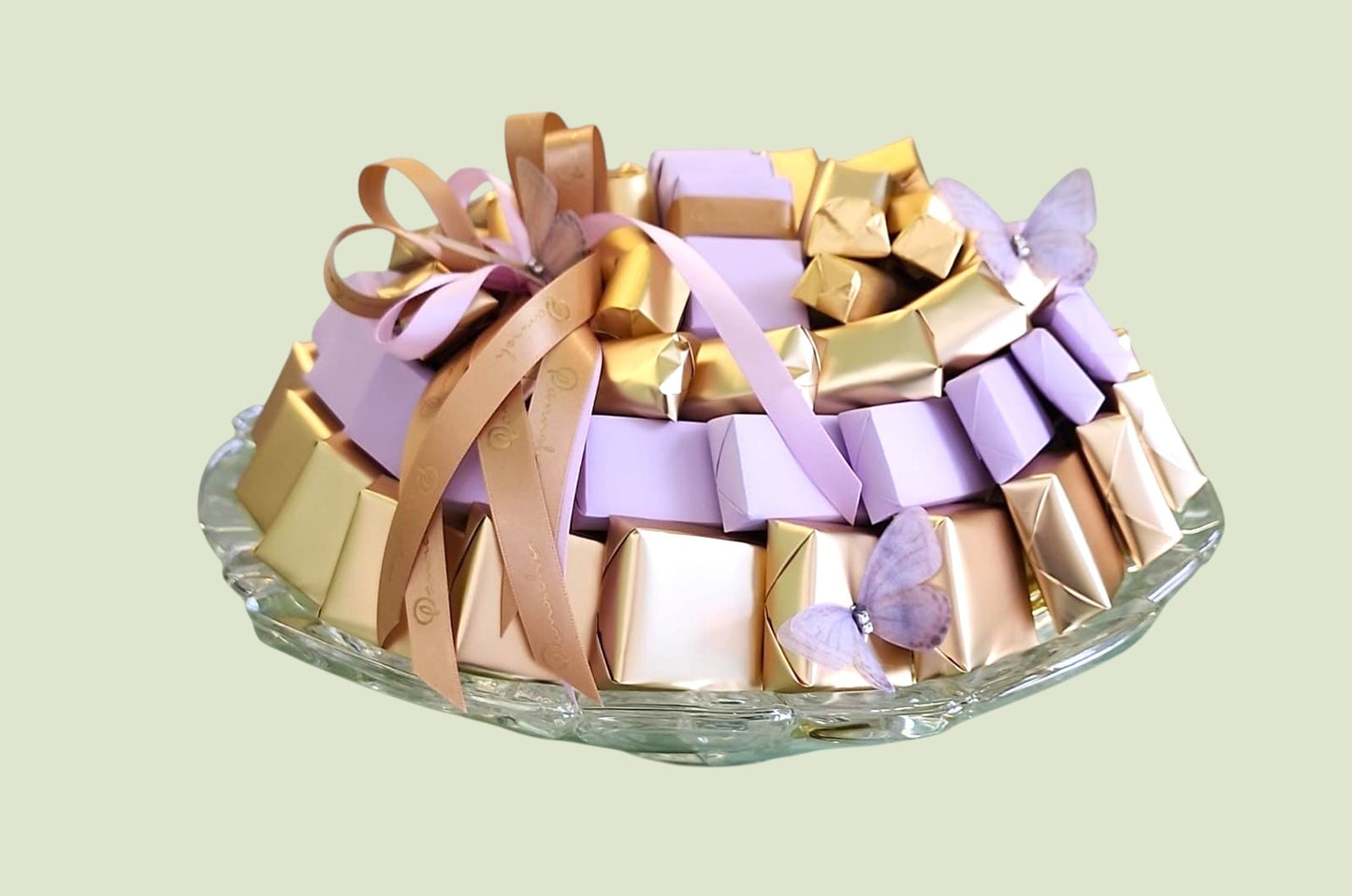 Lavender Butterfly Glass Arrangement | Luxury Wrapped Chocolates by Panache
