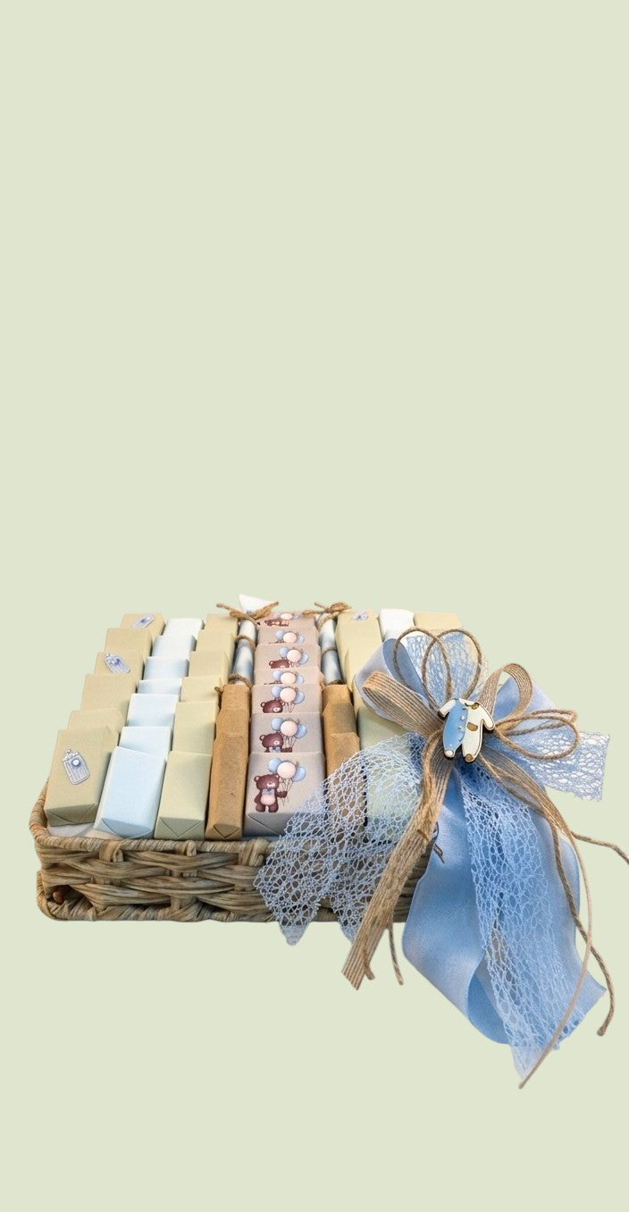 Artisanal Baby Boy Chocolate Hamper – Teddy Bear & Blue Ribbon Keepsake Basket