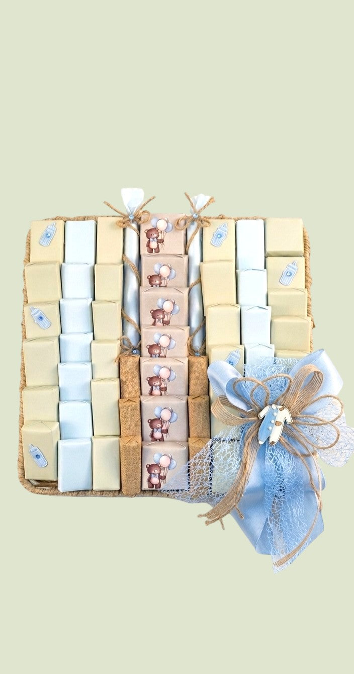 Artisanal Baby Boy Chocolate Hamper – Teddy Bear & Blue Ribbon Keepsake Basket