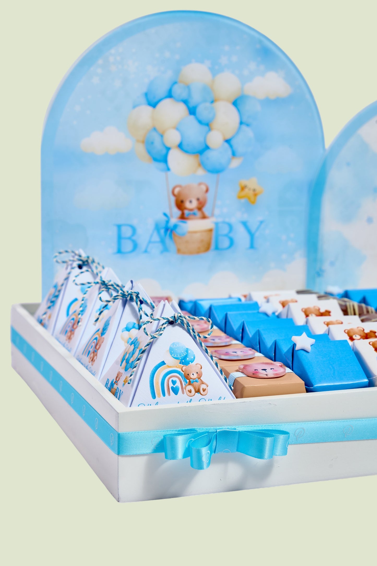 Baby Boy Teddy Wooden Tray Chocolate Gift | Luxury Gift Arrangement by Panache
