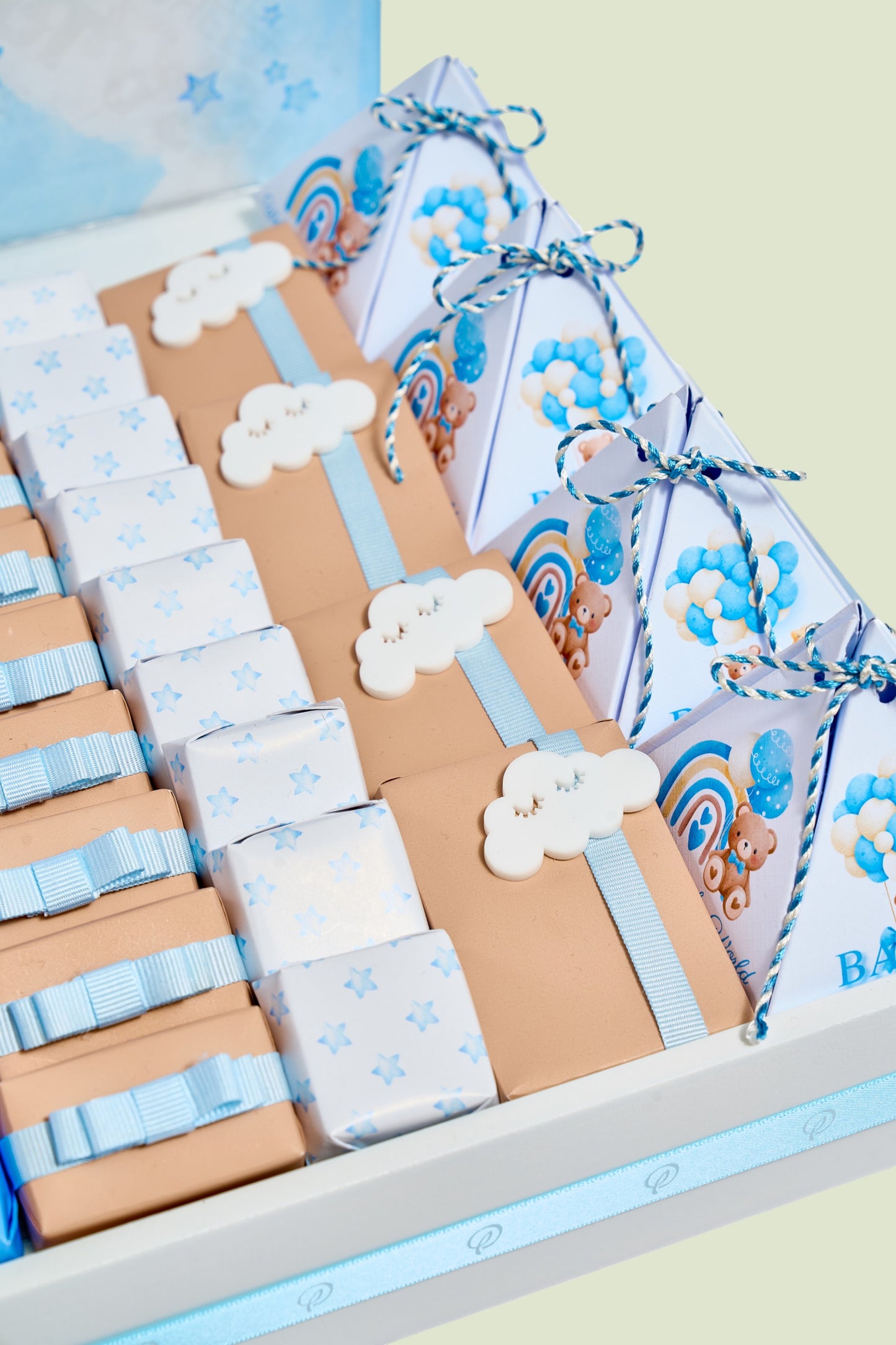 Baby Boy Teddy Wooden Tray Chocolate Gift | Luxury Gift Arrangement by Panache