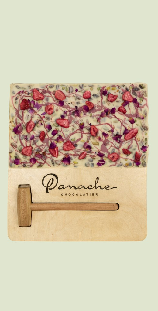 Ruby & White Chocolate Slab with Pistachio & Rose – Wooden Board & Hammer