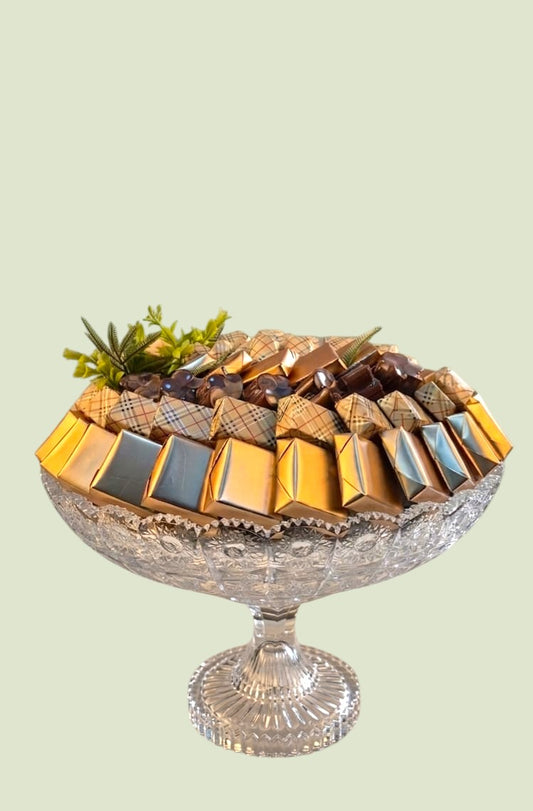 Gold Grid Pedestal Arrangement | Luxury Wrapped Chocolates by Panache