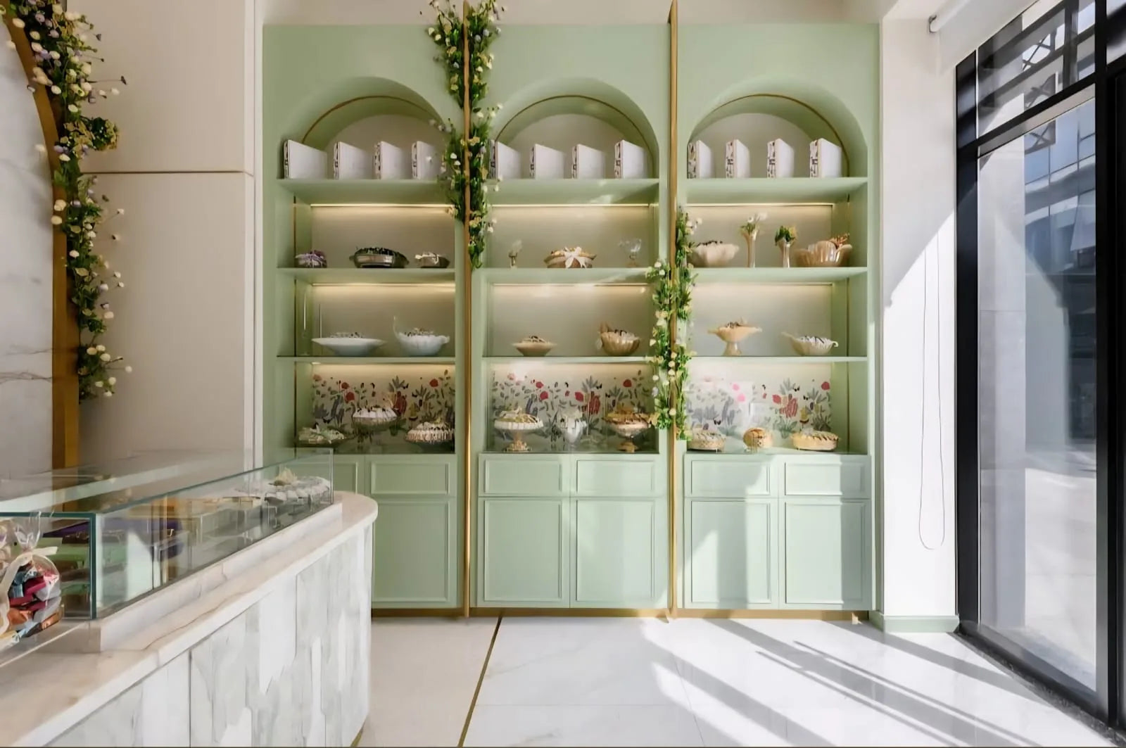 Inside a Panache boutique, with sage shelves and chocolate displays