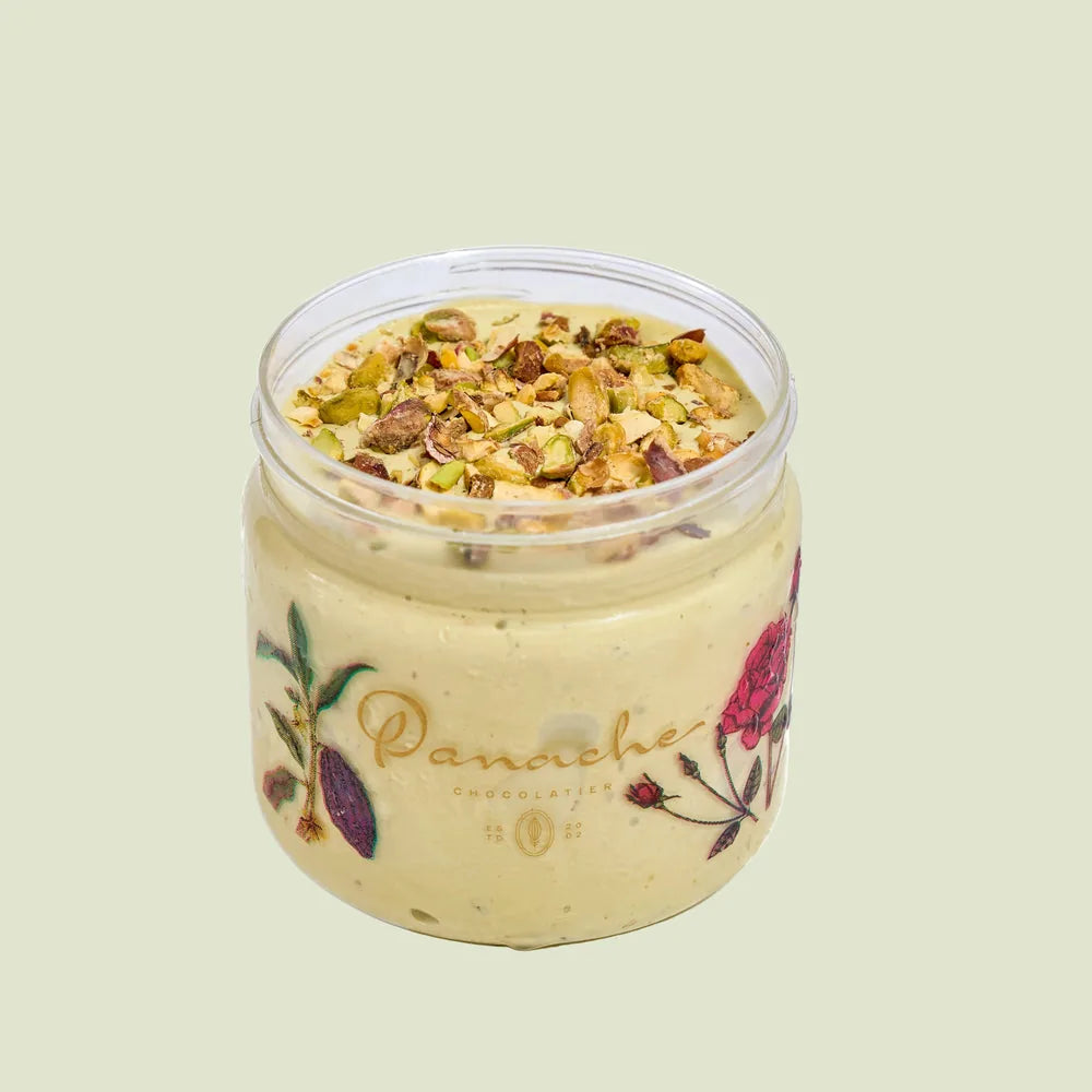 Panache pistachio ice cream in its original floral jar
